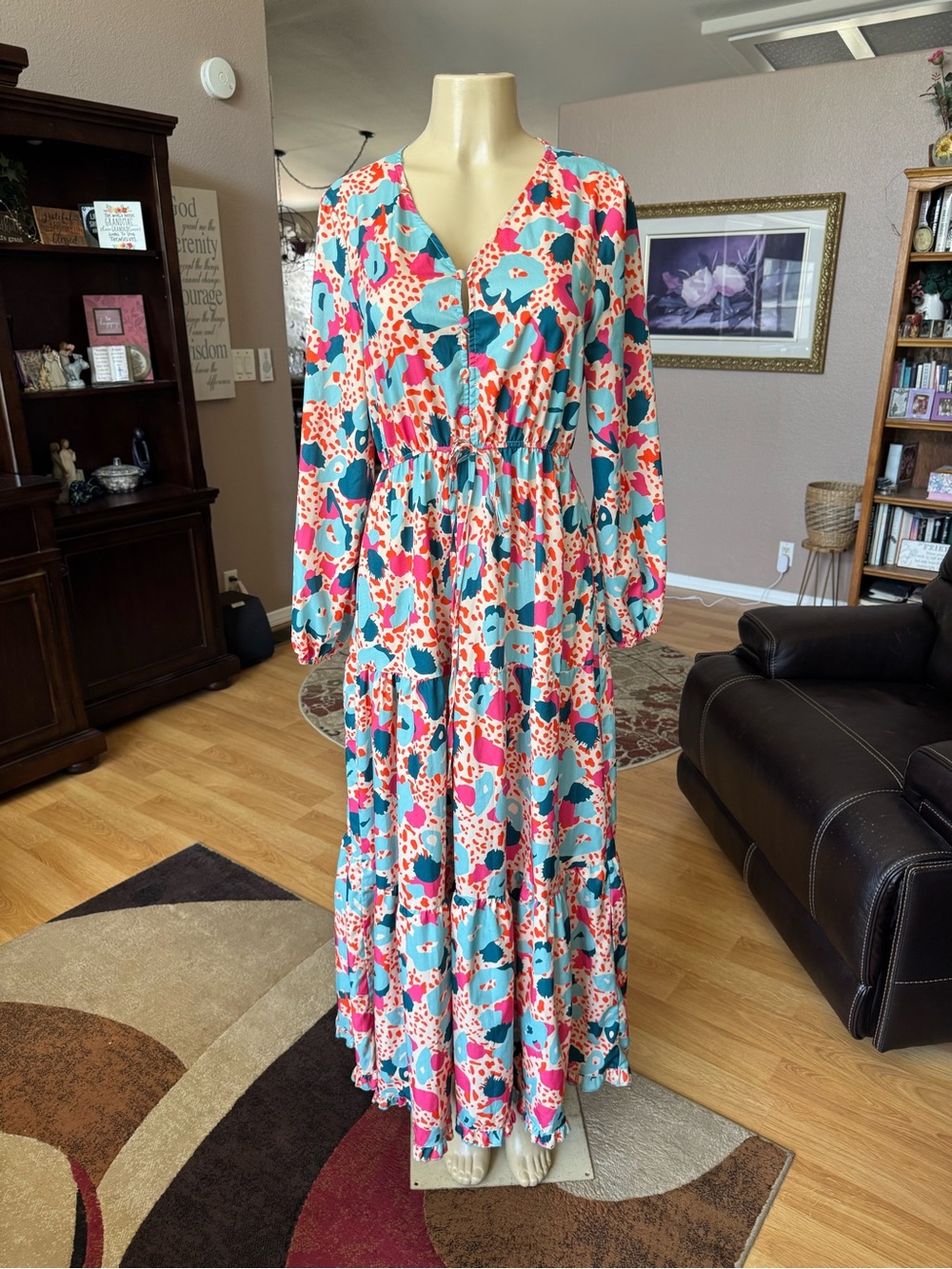 Sunday Up green, blue, orange & tan Vneck tiered maxi dress-size M
